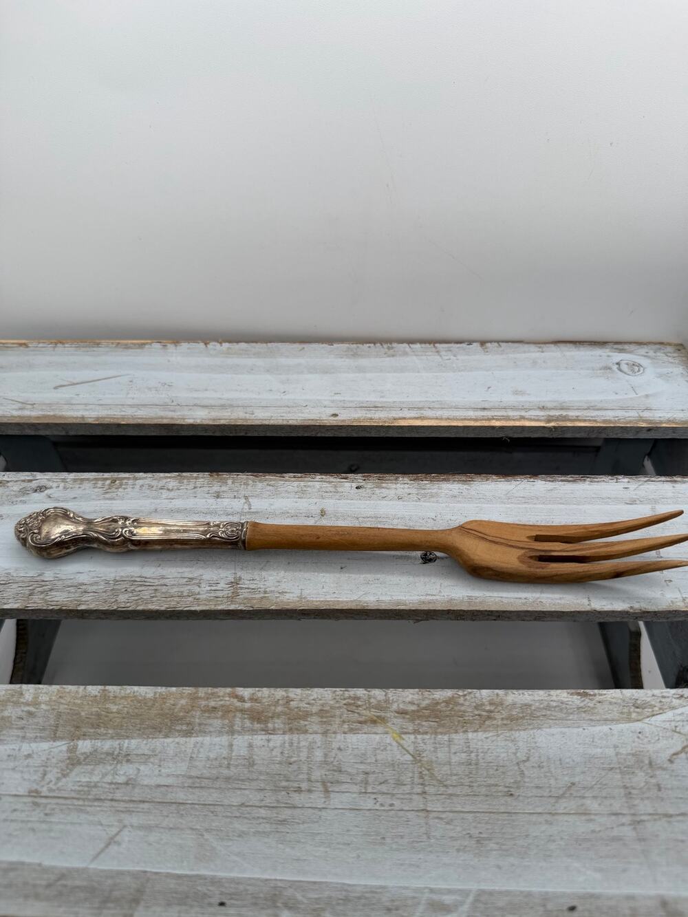 Vintage Carved Wood Salad Serving Fork Sterling Silver Handle Ornate Repouss-10"